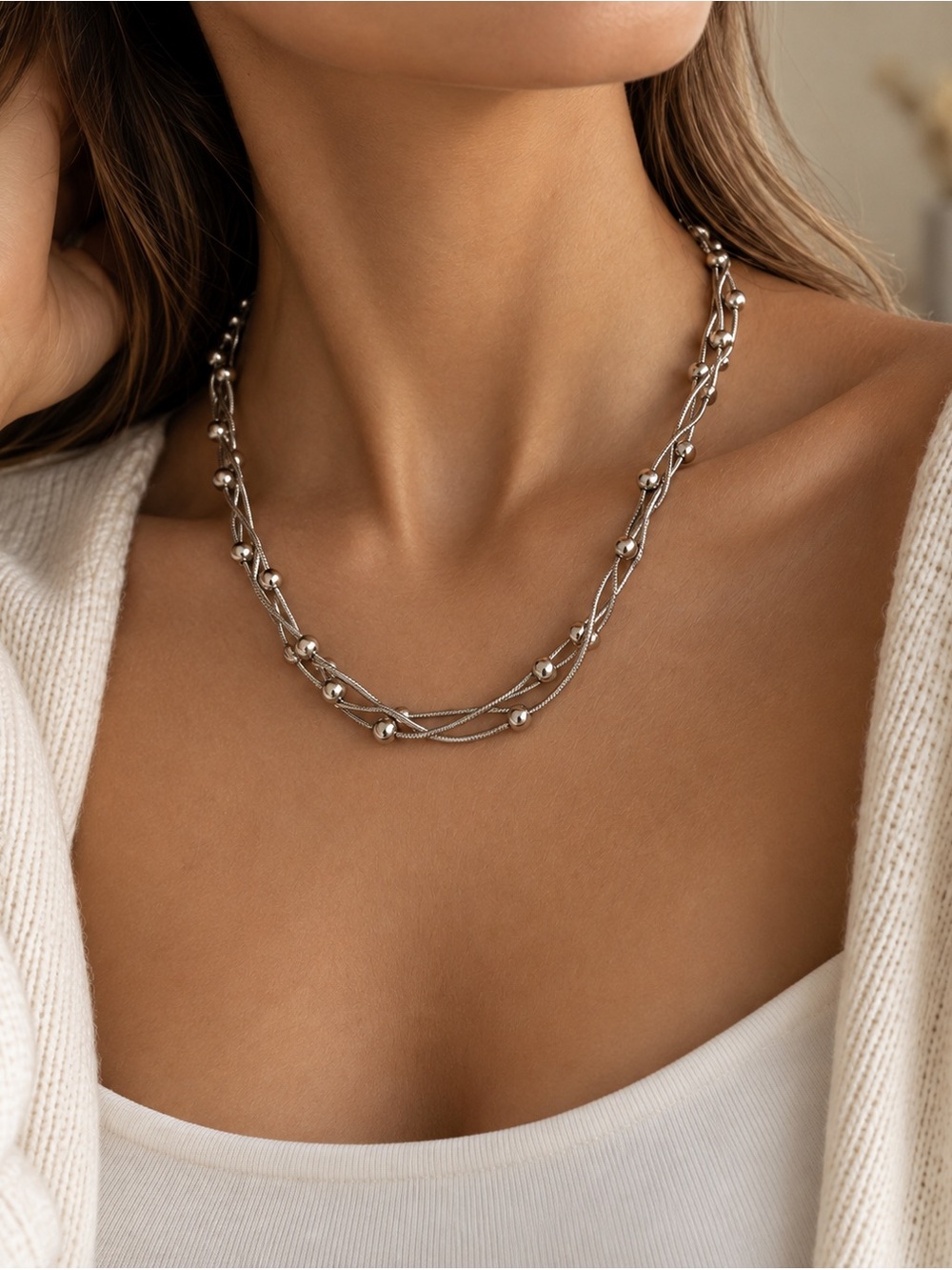 Silver Beaded Multi-Strand Snake Chain Necklace Stainless Steel